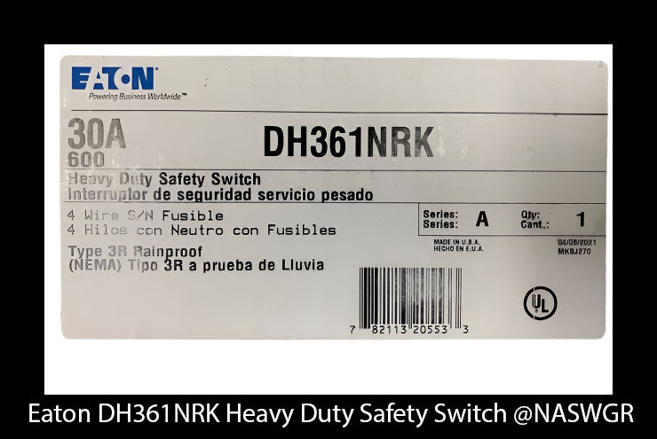 Eaton DH361NRK Heavy Duty Safety Switch - 30A/600V/3P/N3R - Unused
