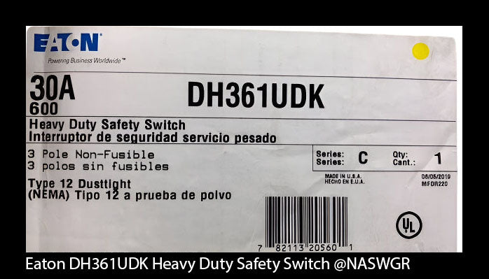 Eaton DH361UDK Heavy Duty Safety Switch - 30A/600V/3P/N12 - Unused