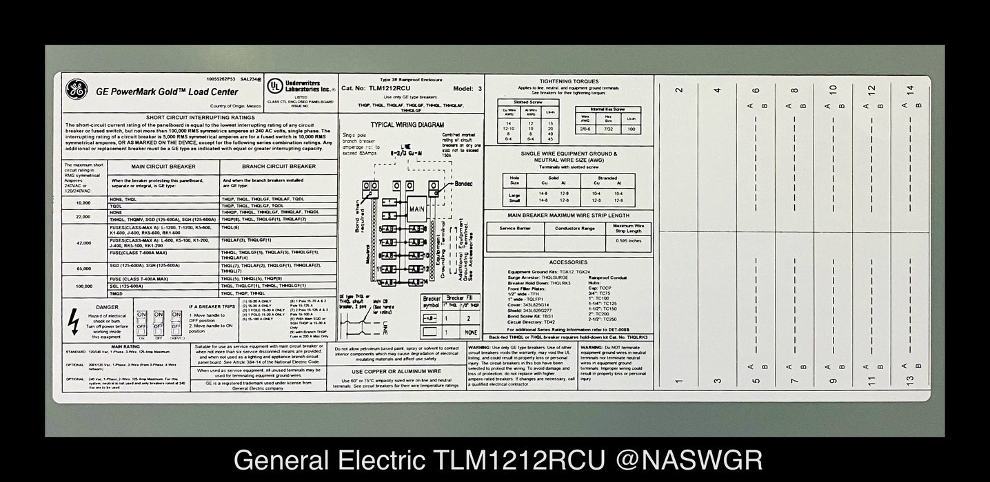 GE TLM1212RCU Main Lug Load Center - 125A/240V/N3R- Unused