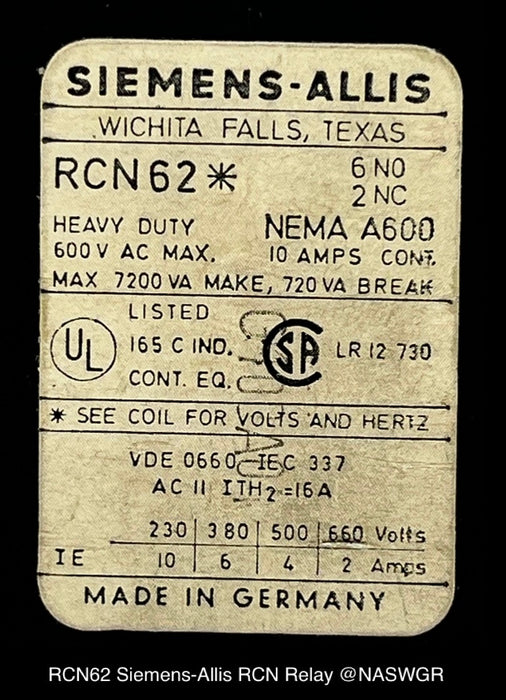 RCN62 ~ Siemens-Allis RCN62 RCN Relay