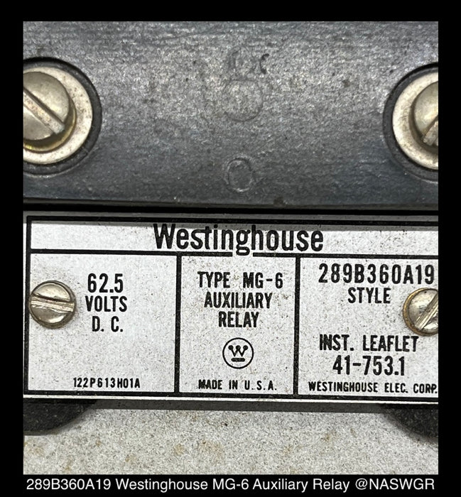 289B360A19 ~ Westinghouse 289B360A19 MG-6 Auxiliary Relay