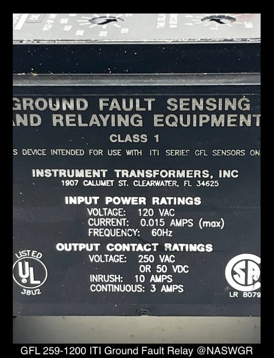 Instrument Transformers Inc. GFL 259-1200 Ground Fault Relay - 1200 Amp