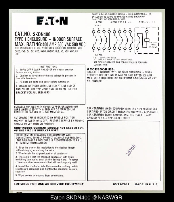 Eaton SKDN400 Circuit Breaker Enclosure - 125-400A/600V/N1 - Unused