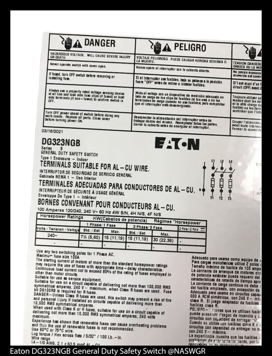 Eaton DG323NGB General Duty Safety Switch - 100A/240V/3P4W/N1 - Unused