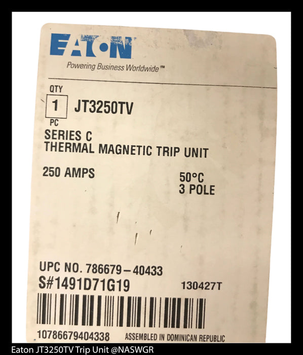 Eaton JT3250TV Thermal Magnetic Trip Unit ~ 250 Amp ~ 1491D71G19 ~ Surplus