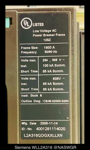 Siemens WL WLL2A316 Circuit Breaker (E/O,D/O) - 1200 Amp