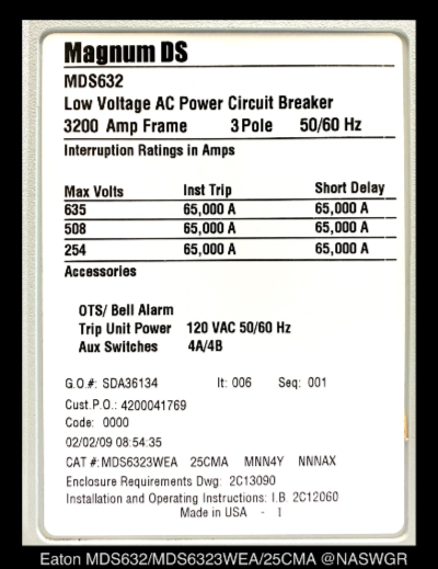 Eaton Magnum DS MDS632 Breaker (M/O,D/O) - 2500 Amp - Unused
