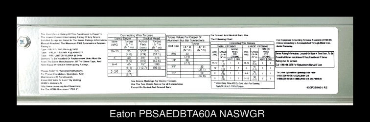 Eaton PBSAEDBTA60A PRL1X Panelboard Interior - 225A/208Y,120V/3P4W - Unused
