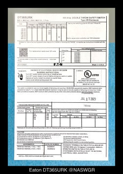 Eaton DT365URK Heavy Duty Safety Switch - 400A/600V/3P3W/N3R - Unused