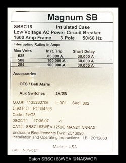 Eaton Magnum SB SBSC16 Breaker (M/O,D/O) - 1200 Amp