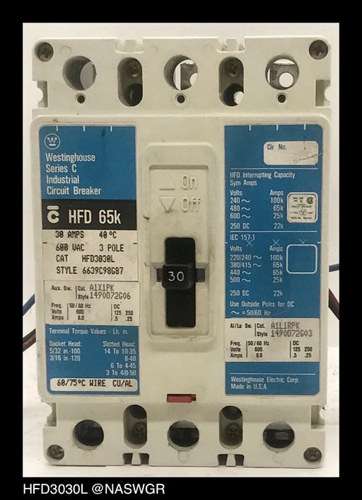 Westinghouse HFD3030L Molded Case Circuit Breaker w/ Aux and Al/Lo Switch - 30 Amp