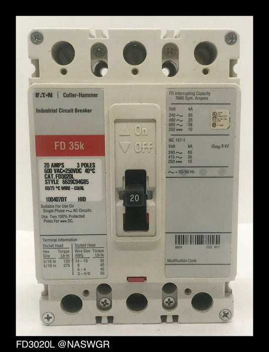 Eaton FD3020L Molded Case Circuit Breaker - 20 Amp