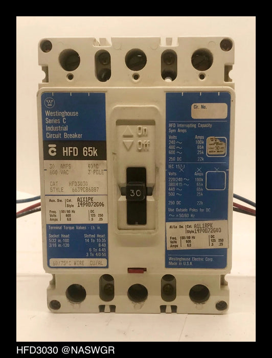 Westinghouse HFD3030 Molded Case Circuit Breaker w/ Aux&Al/Lo Switch - 30 Amp
