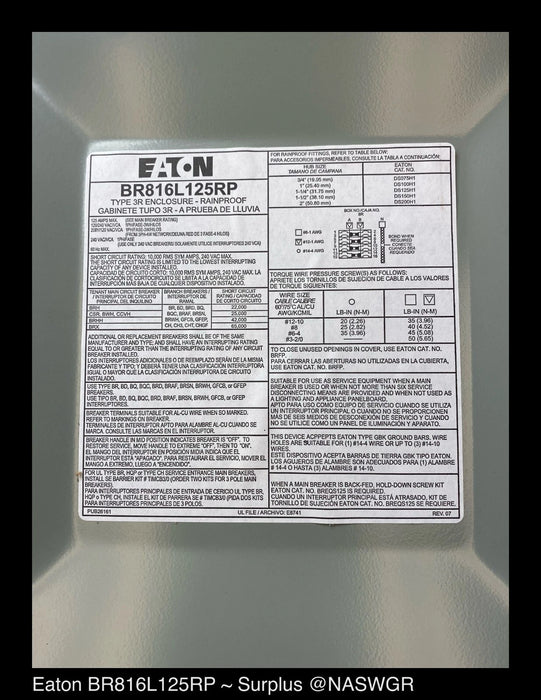 Eaton BR816L125RP - Eaton BR Main Lug Load-Center - Unused