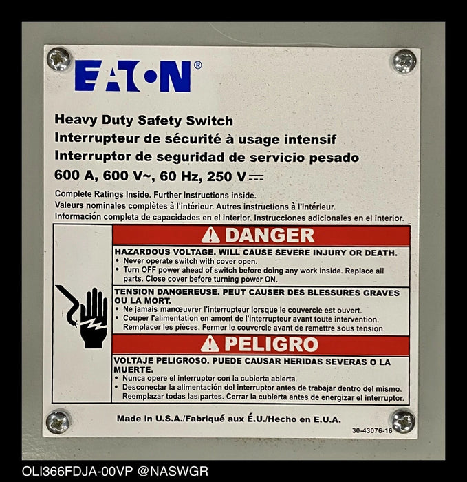 Eaton OLI366FDJA-00VP Heavy Duty Safety Switch - 600A/600V/3P3W/N12 - Unused