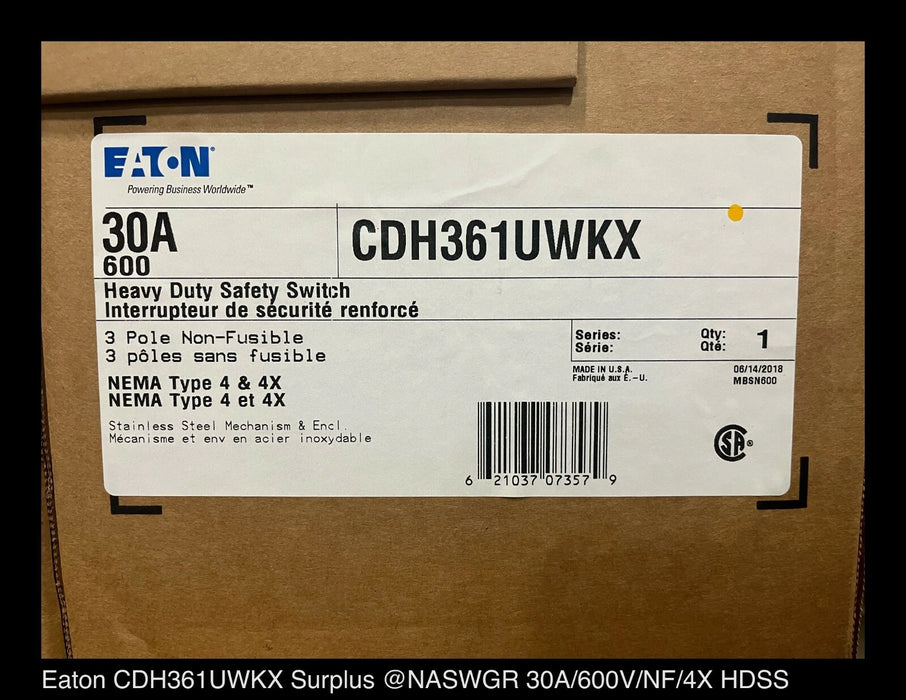 Eaton CDH361UWKX Heavy Duty Safety Switch - 30A/600V/3P/N4X - Unused