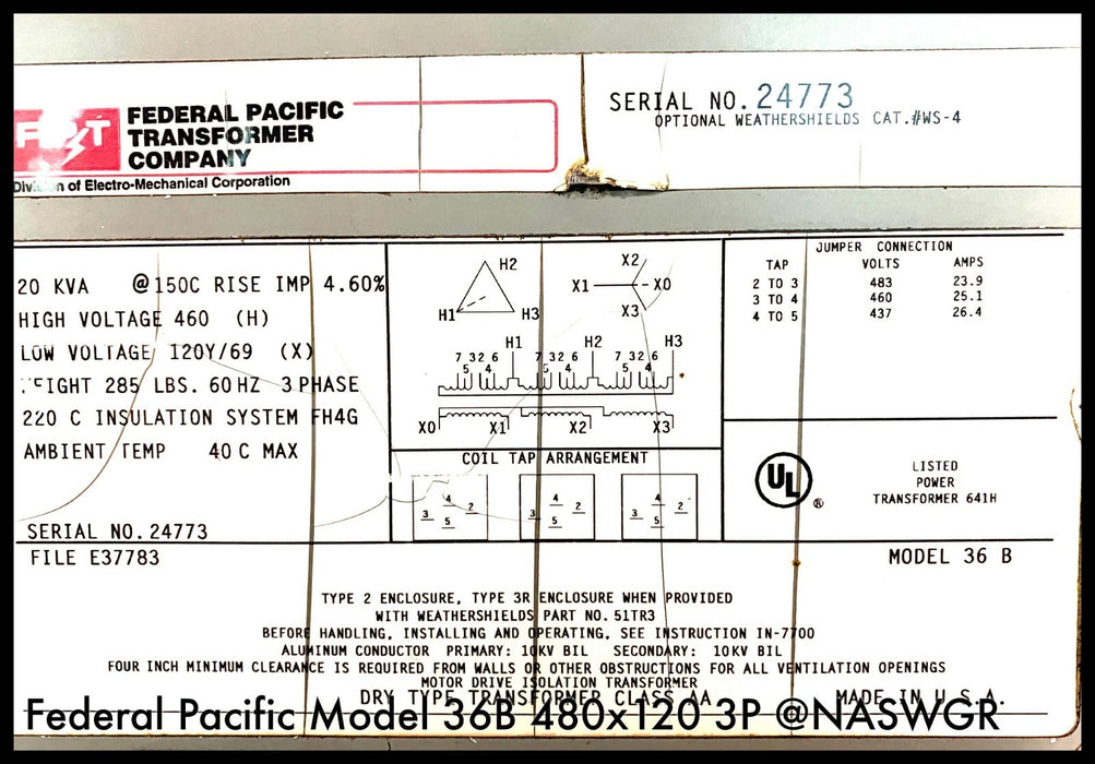 Federal Pacific Model 36B Dry Type Transformer