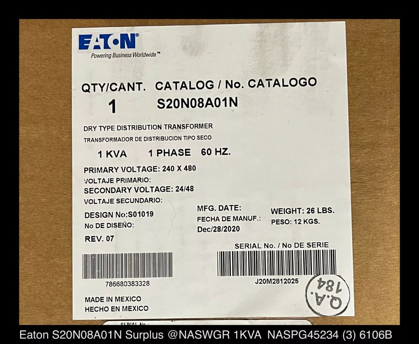 Eaton S20N08A01N Boost/Buck Encapsulated Transformer 1 KVA - Surplus