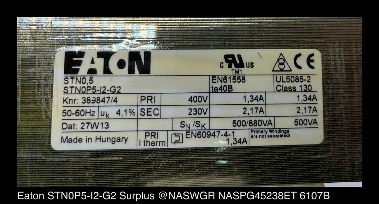 Eaton STN0P5-I2-G2 Control Transformer STN -Type: STN0,5 (400/230) - Surplus