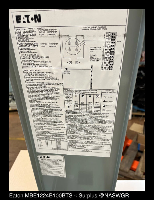Eaton MBE1224B100BTS Meter Breaker EUSERC Type BR - 100A-120/240V - Surplus - 3R