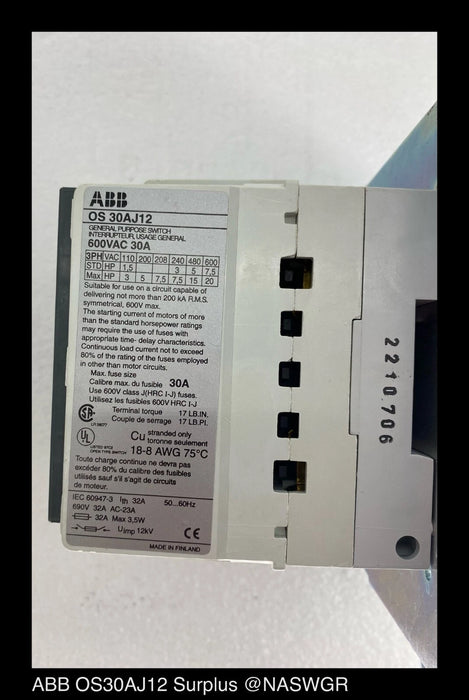 ABB Open Disconnects, POWERLINE Series - Item# OS30AJ12 - Surplus