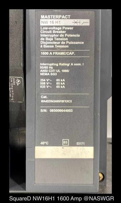 Square D MasterPact NW16H1 Circuit Breaker - 1600 Amp