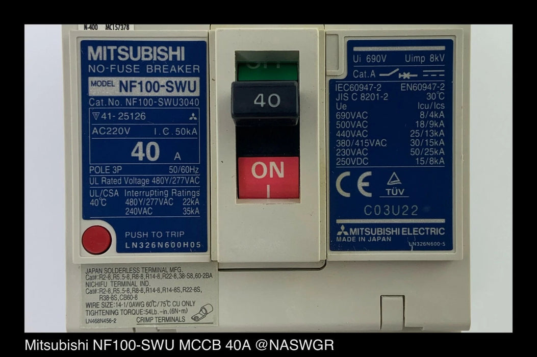 Mitsubishi NF100-SWU3040 No-Fuse Circuit Breaker - 40 Amp - Unused Surplus