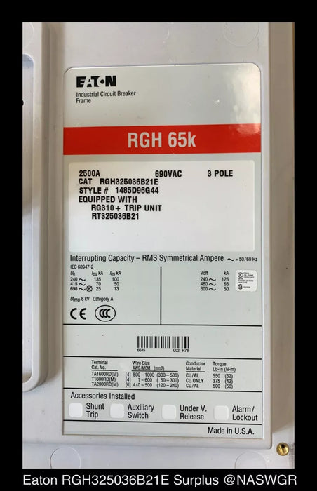 Eaton RGH325036B21E Circuit Breaker - 2500 Amp - Unused