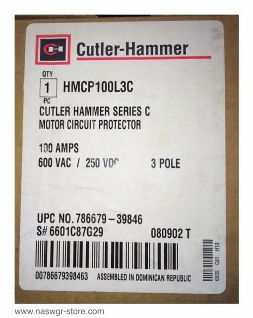 Cutler Hammer HMCP100L3C Motor Circuit Protector  - 100 Amp - Unused Surplus