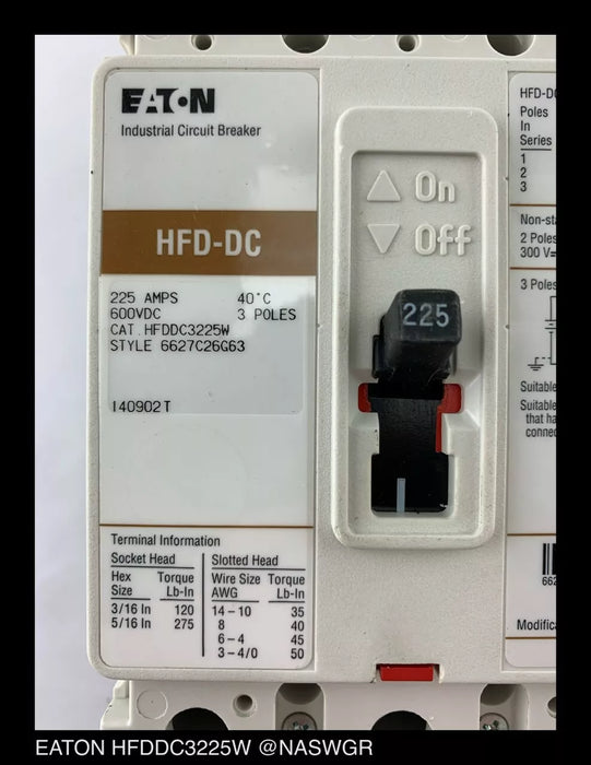 Eaton HFDDC3225W Molded Case DC Circuit Breaker - 225 Amp - Unused