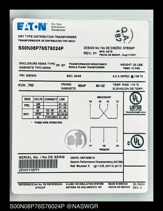 Eaton S20N08P76P Dry Type Distribution Transformer - P:208/240V S:24/48V