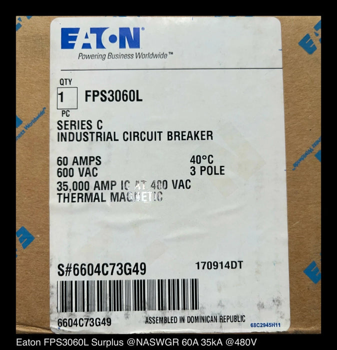 Eaton FPS3060L Molded Case Circuit Breaker - 60 Amp - Unused