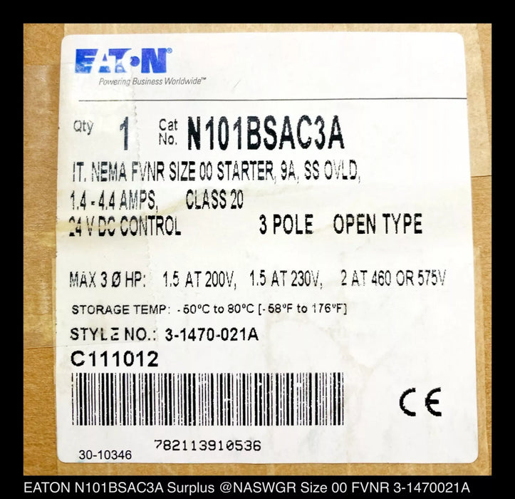 Eaton N101BSAC3A IT. Electro-Mechanical Starter - 9A/24v - Unused
