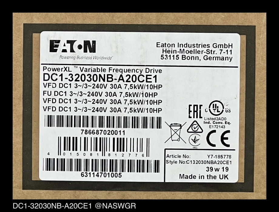 Eaton DC1-32030NB-A20CE1 ~ Eaton Power XL Variable Frequency Drive ~ Surplus