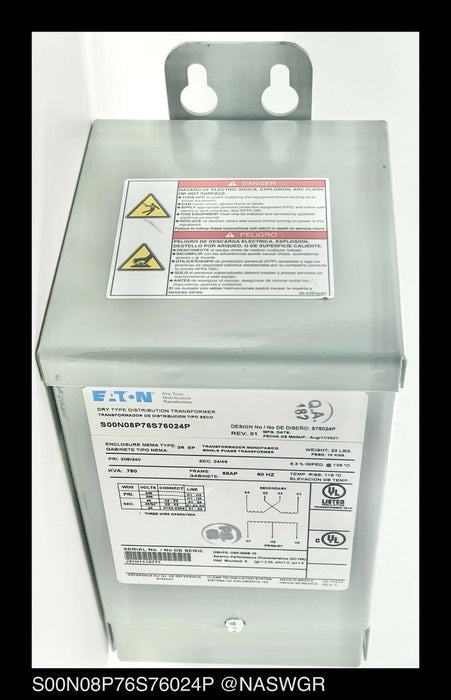 Eaton S20N08P76P Dry Type Distribution Transformer - P:208/240V S:24/48V