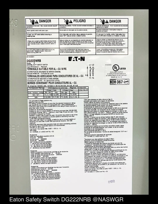 Eaton DG222NRB General Duty Safety Switch - 60A/240V/2P3W/N3R - Unused