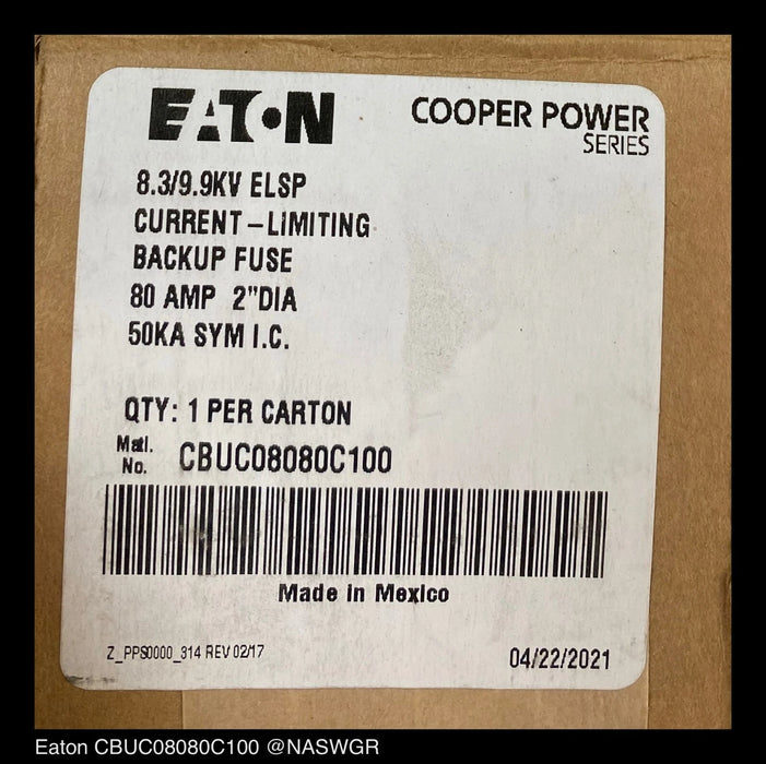Eaton Cooper Power Series CBUC08080C100 Current Limiting Backup Fuse - Surplus