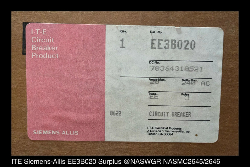 ITE EE3-B020 Molded Case Circuit Breaker - 20 Amp - Unused Surplus