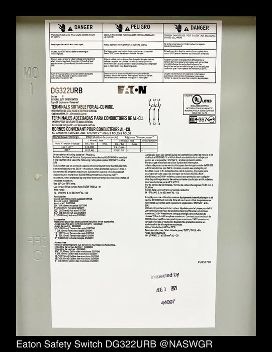 Eaton DG322URB General Duty Safety Switch - 60A/240V/3P/N3R - Unused