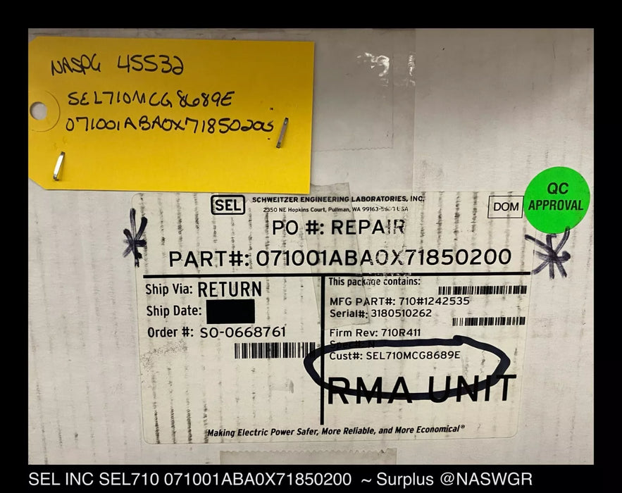 Schweitzer 071001ABA0X771850200 SEL-710 Motor Relay Protection - Surplus