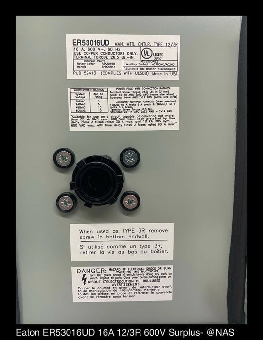 ER53016UD - Eaton Enclosed Rotary Disconnect Switch ER53016UD 16 amp - Surplus