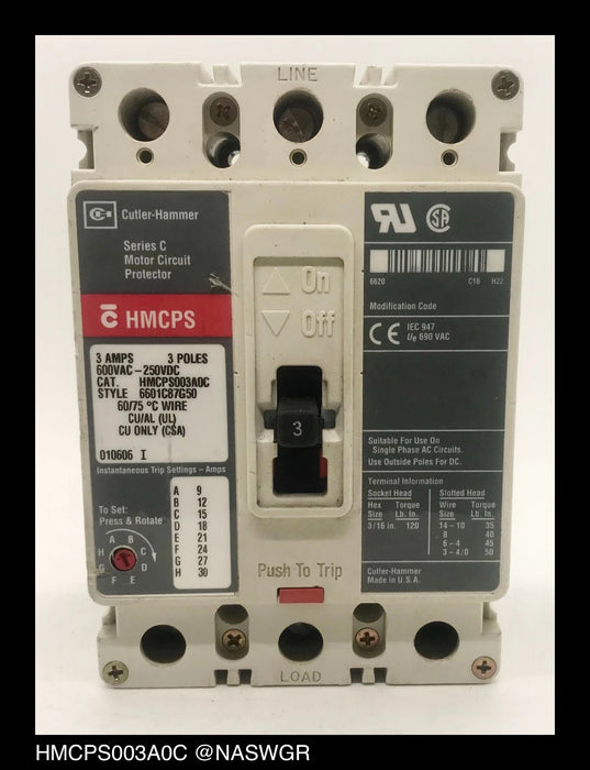 Cutler Hammer HMCPS003A0C Motor Circuit Protector - 3 Amp