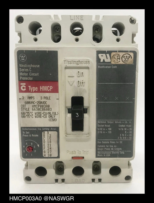 Westinghouse HMCP003A0 Motor Circuit Protector - 3 Amp