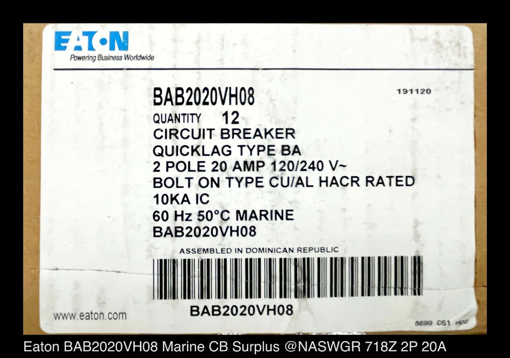 Eaton BAB2020VH08 Molded Case Circuit Breaker Marine Duty - 20 Amp - Unused