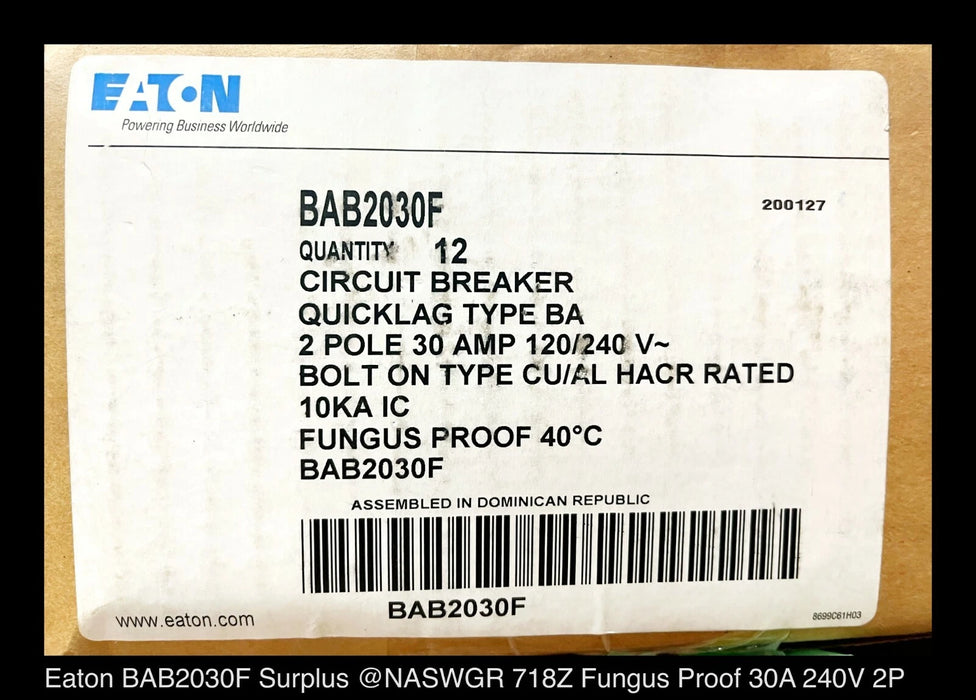 Eaton BAB2030F Quicklag Molded Case Circuit Breaker - 30 Amp - Unused