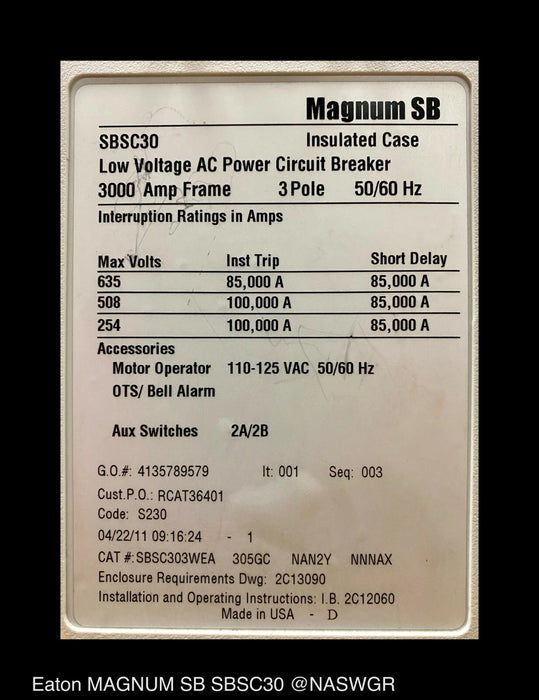 Eaton Magnum SB SBSC30 Circuit Breaker (E/O,D/O) - 3000 Amp