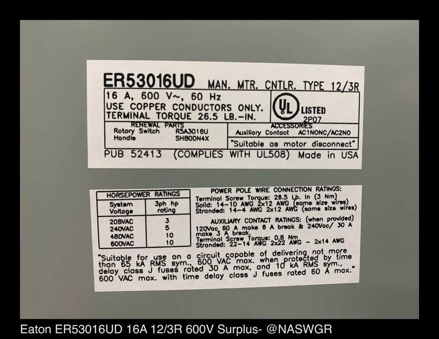 ER53016UD - Eaton Enclosed Rotary Disconnect Switch ER53016UD 16 amp - Surplus