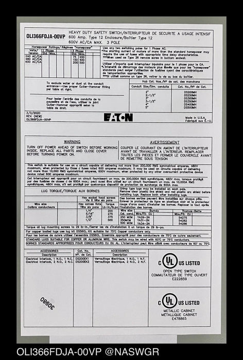 Eaton OLI366FDJA-00VP Heavy Duty Safety Switch - 600A/600V/3P3W/N12 - Unused