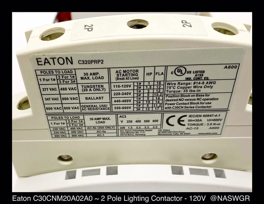 Eaton C30CNM20AC2A0 Mech Held Lighting Contactor - 120V, 120V - Unused Surplus
