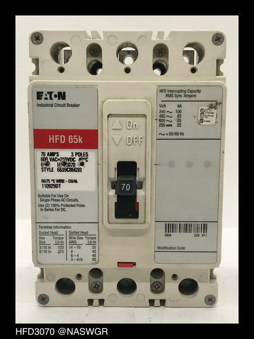 Eaton HFD3070 Molded Case Circuit Breaker - 70 Amp
